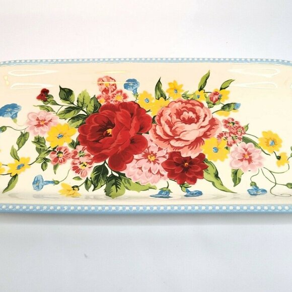 Pioneer Woman Serving Platter Sweet Rose Floral 14.17" Ceramic Tray Blue White - Picture 9 of 9